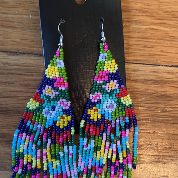 Handmade Navy Rainbow Floral Seed Bead Dangle Earrings - Picture 7 of 11